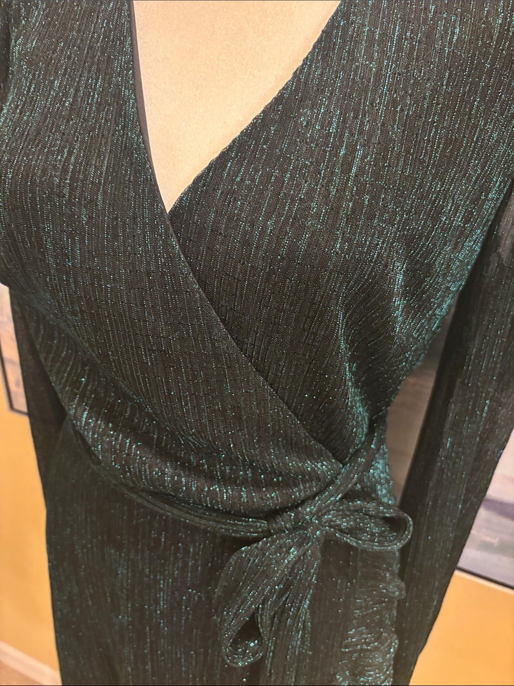 Metallic Dark Green Wrap Dress with Tie Waist